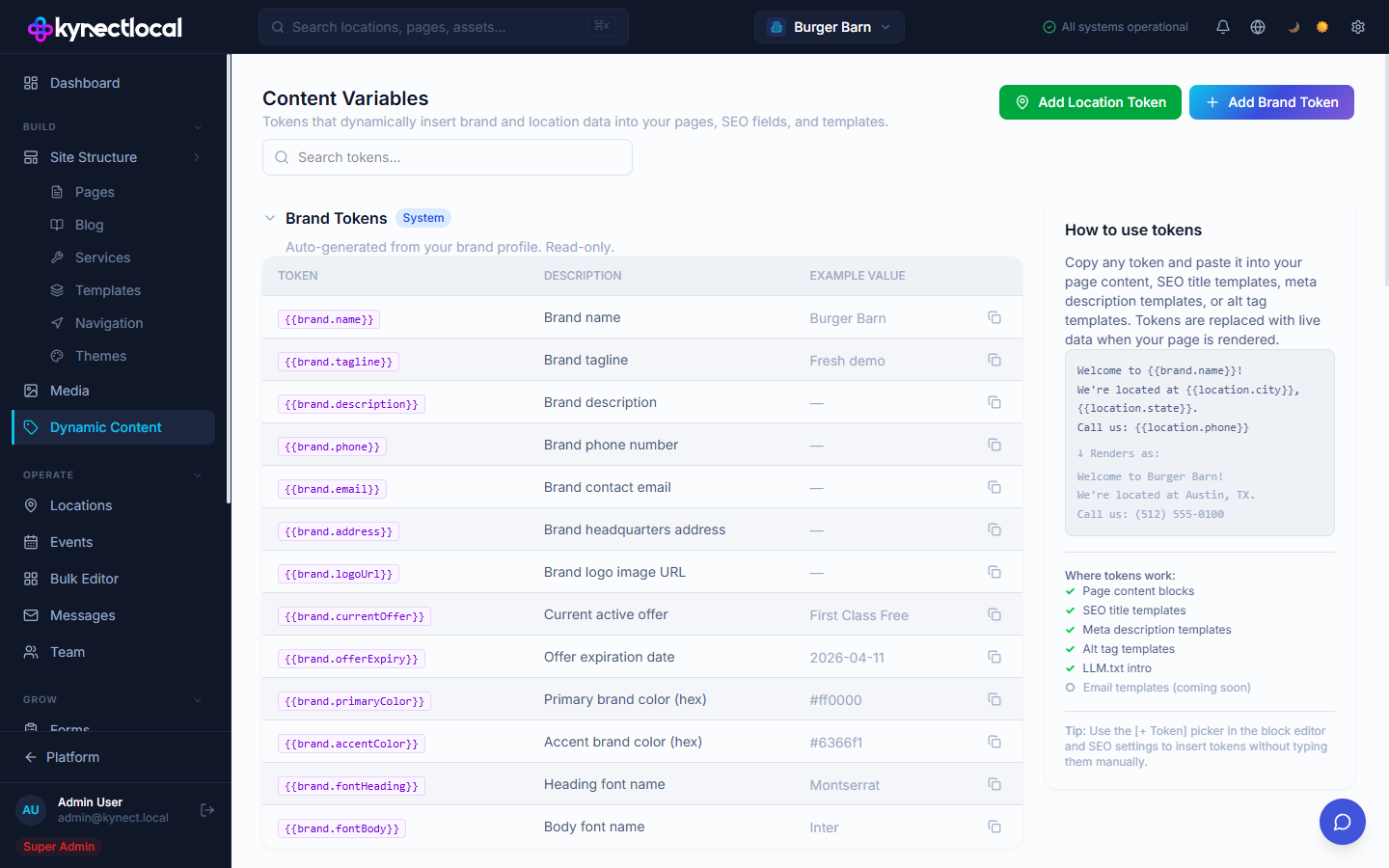 KynectLocal content variables